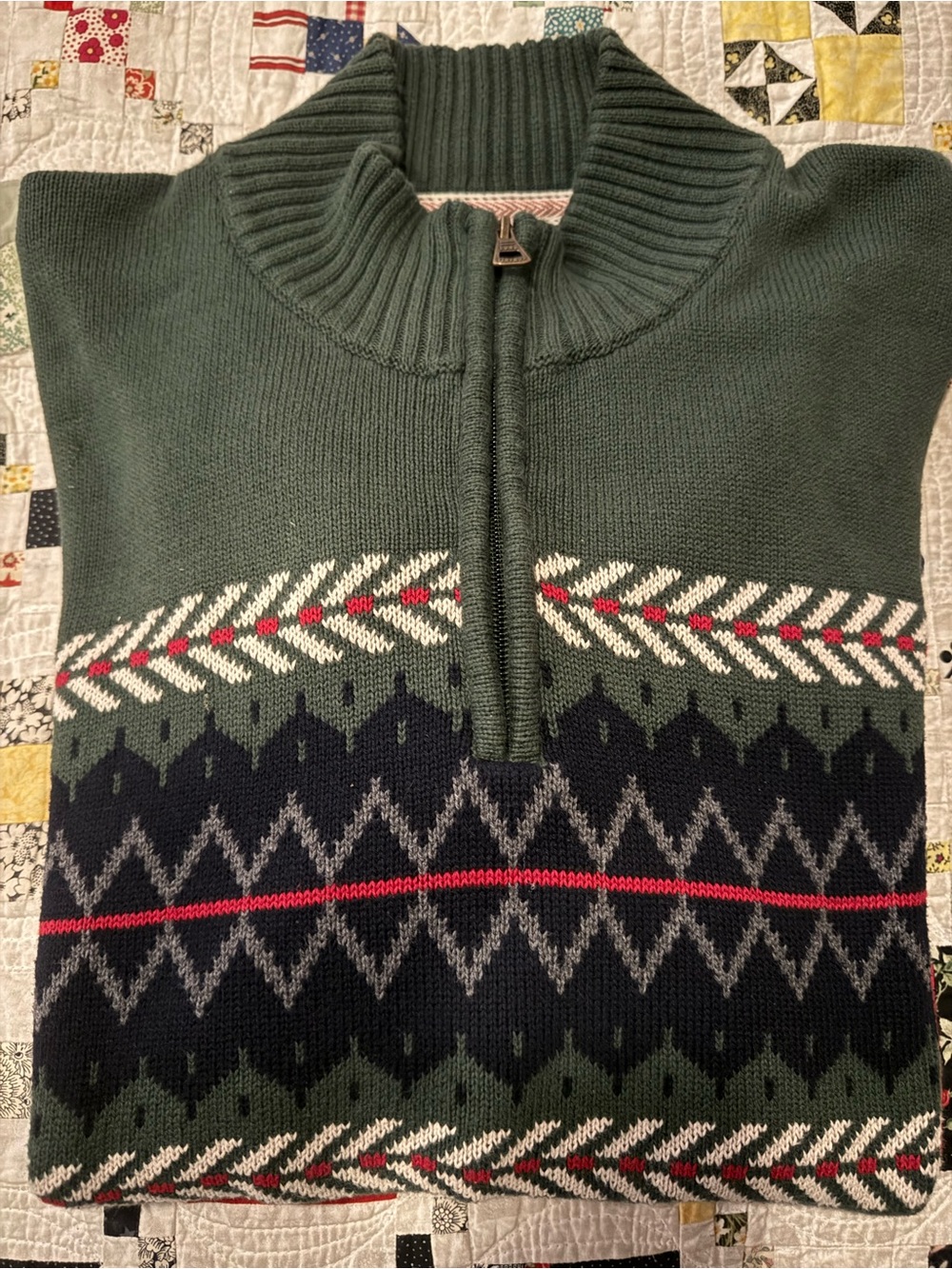 Weatherproof Vintage Green & Navy Patterned Zip Sweater